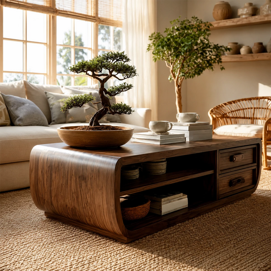 Curved Solid Wood Coffee Table With Storage Drawers Open Shelf And Rounded Waterfall Sides For Modern Living Room - Livewoodcraft