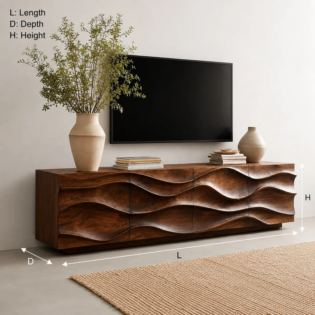 Sculpted Wave Natural Solid Wood TV Stand with Eight Drawer Storage
