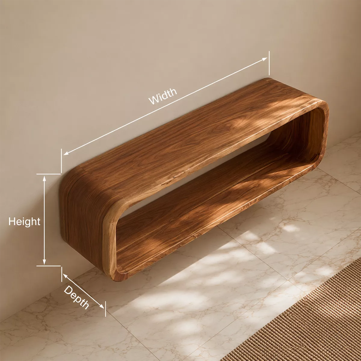 Floating Solid Wood Bathroom Vanity With Rounded Open Shelf And Natural Wood Grain