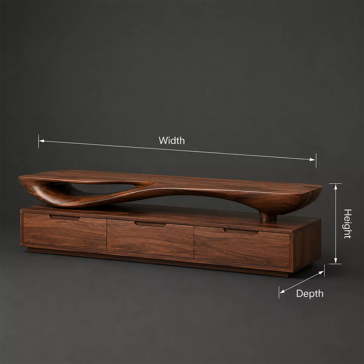 Sculptural Wave Solid Wood TV Stand With Open Display Shelf And Hidden Drawer Storage For Living Room