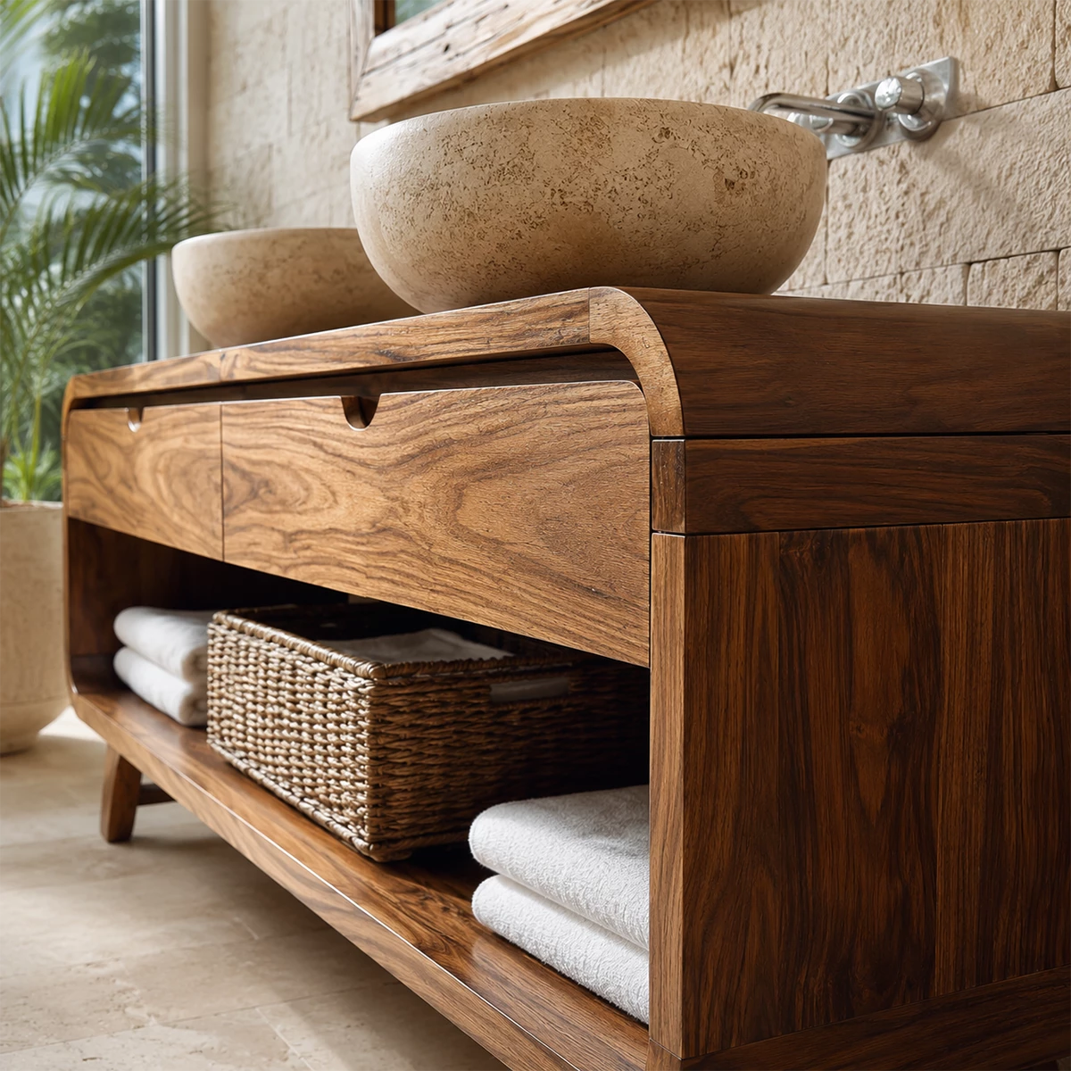 Double Sink Bathroom Vanity with Rounded Corners in Natural Solid Wood - Livewoodcraft - 2