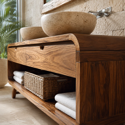 Double Sink Bathroom Vanity with Rounded Corners in Natural Solid Wood - Livewoodcraft - 2
