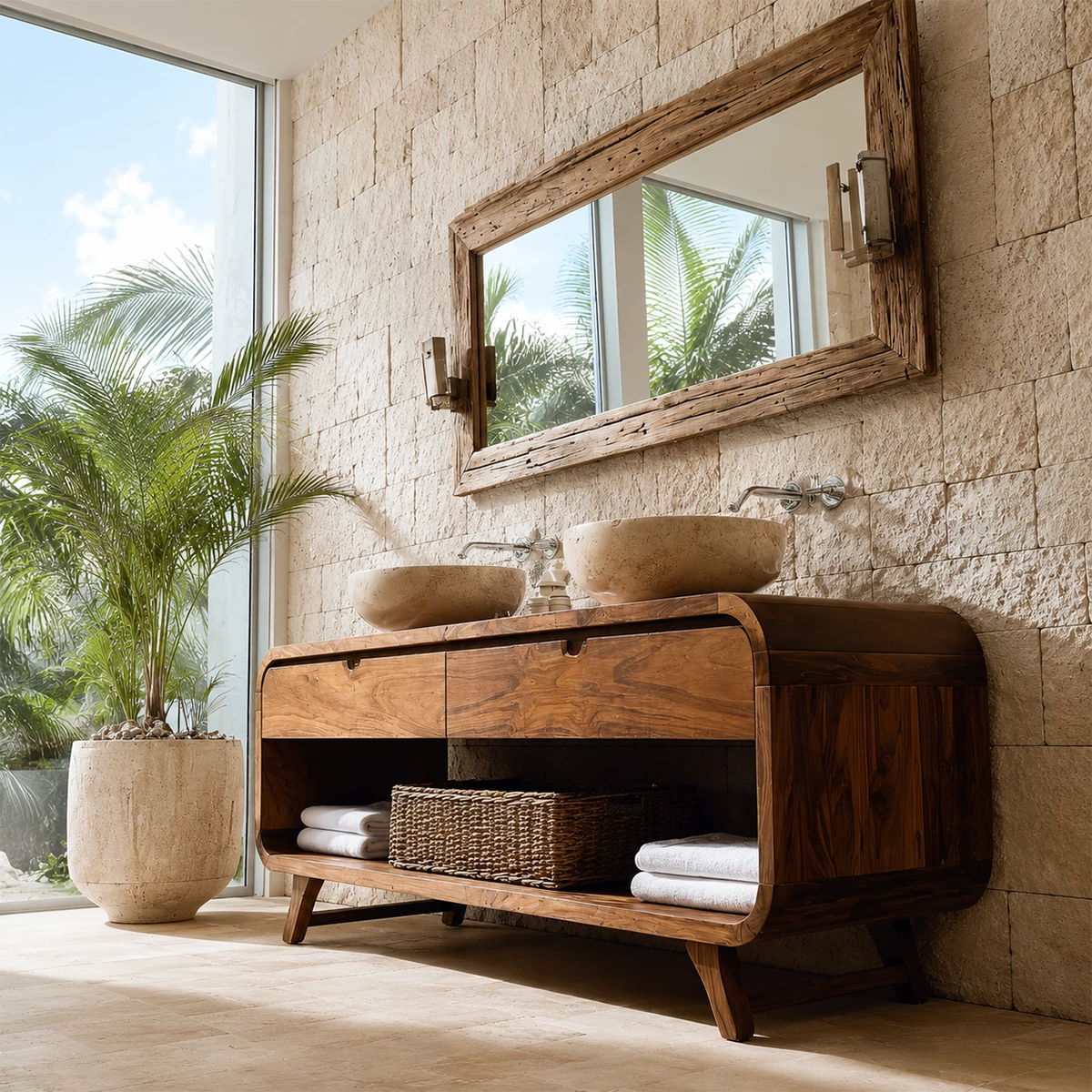 Double Sink Bathroom Vanity with Rounded Corners in Natural Solid Wood - Livewoodcraft - 3