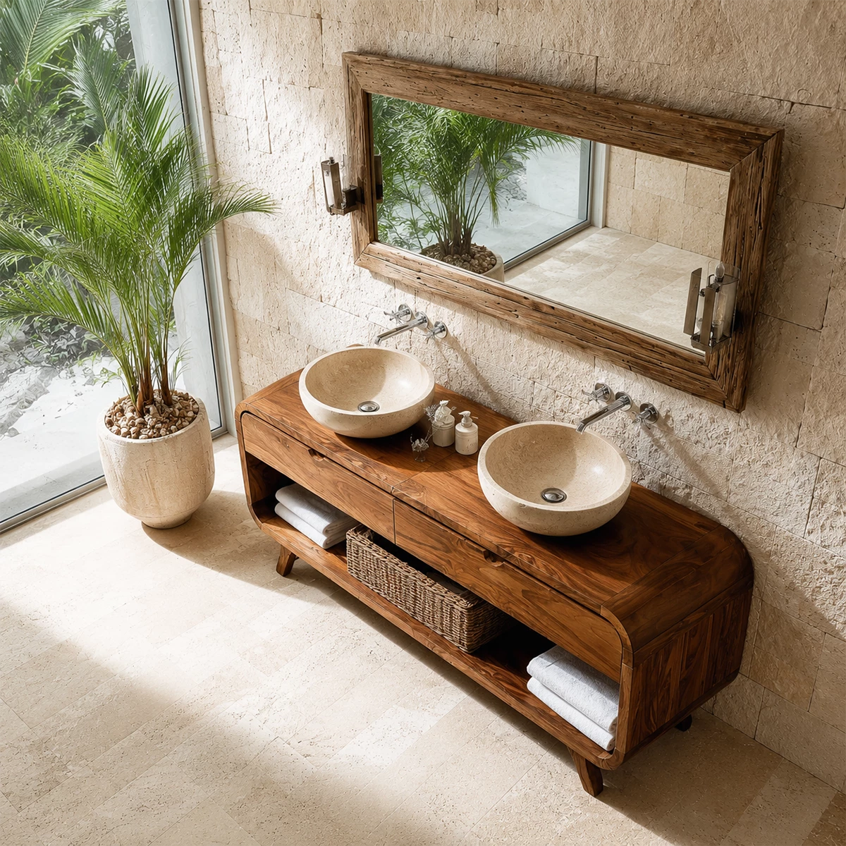 Double Sink Bathroom Vanity with Rounded Corners in Natural Solid Wood - Livewoodcraft - 4
