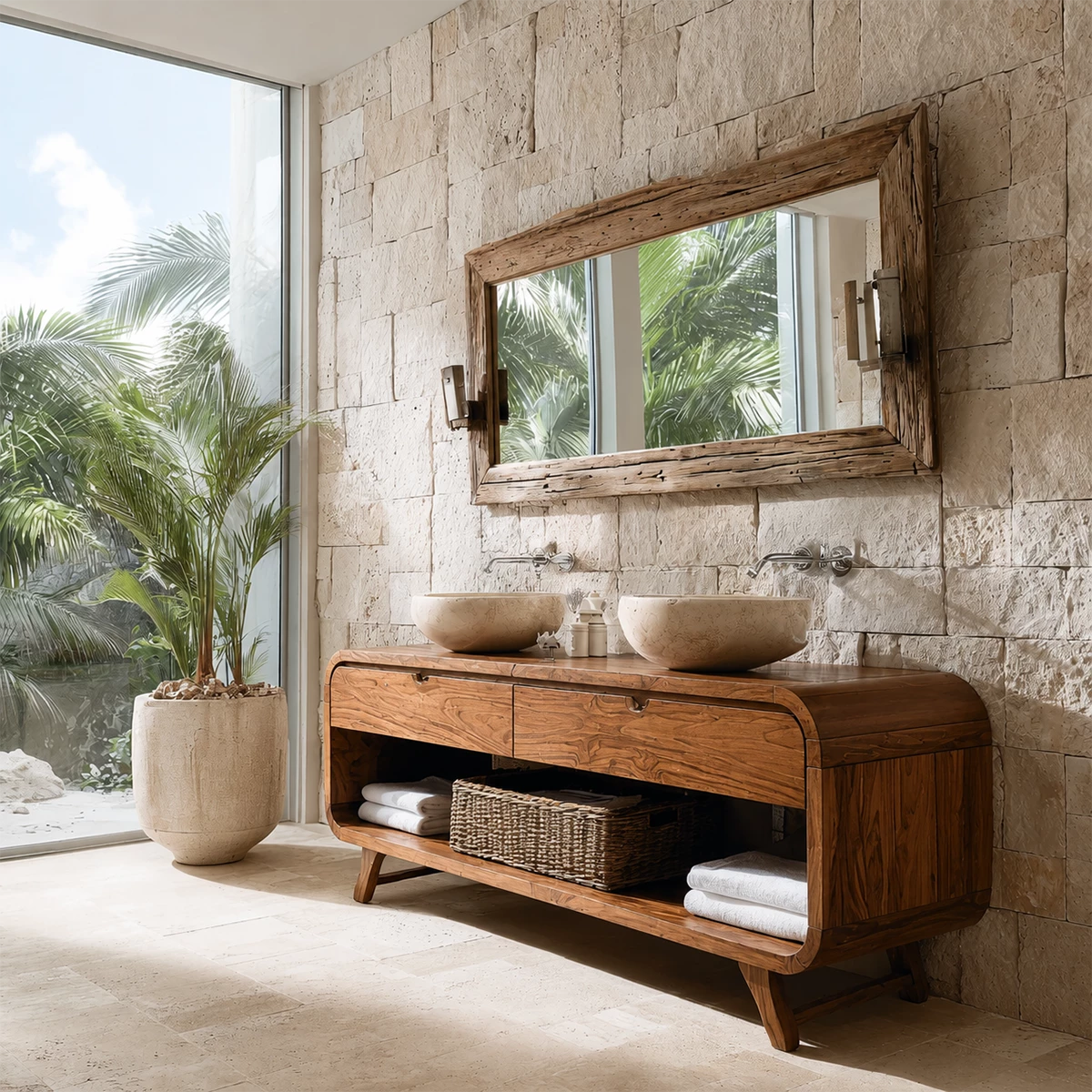 Double Sink Bathroom Vanity with Rounded Corners in Natural Solid Wood - Livewoodcraft - 5