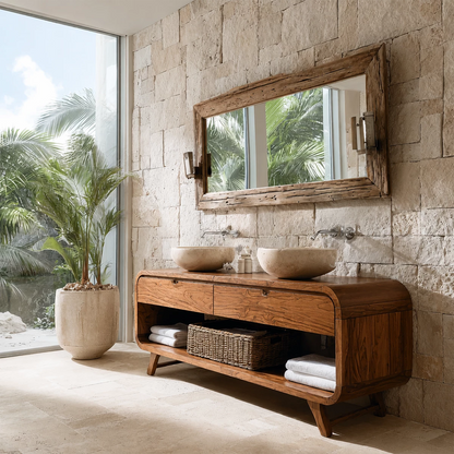Double Sink Bathroom Vanity with Rounded Corners in Natural Solid Wood - Livewoodcraft - 5