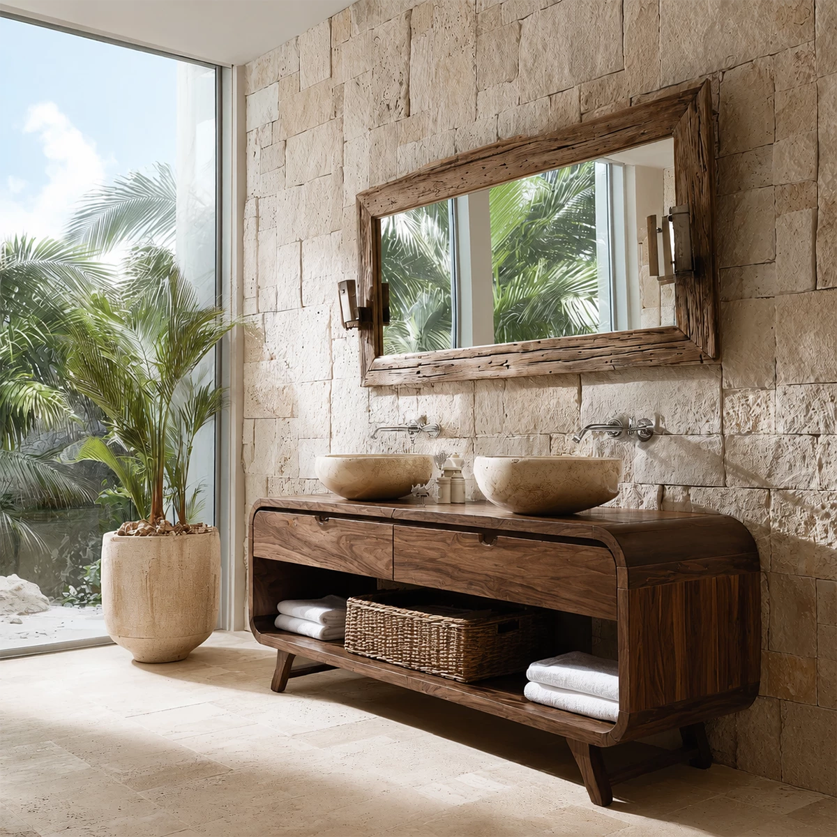 Double Sink Bathroom Vanity with Rounded Corners in Natural Solid Wood - Livewoodcraft - 6
