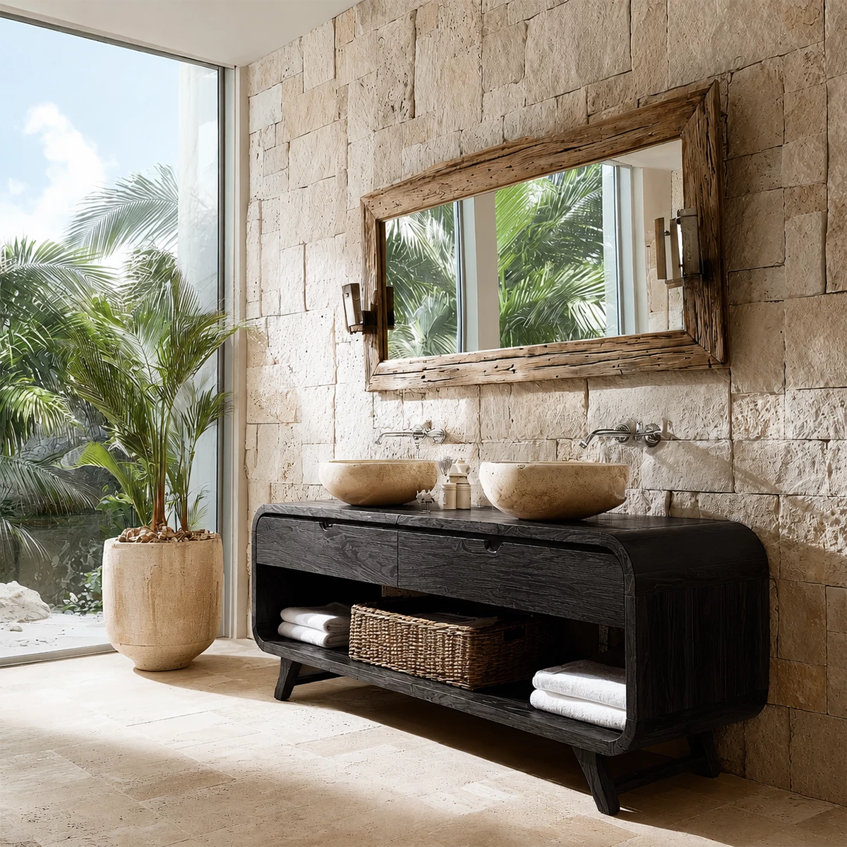 Double Sink Bathroom Vanity with Rounded Corners in Natural Solid Wood - Livewoodcraft - 7