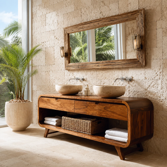 Double Sink Bathroom Vanity with Rounded Corners in Natural Solid Wood - Livewoodcraft
