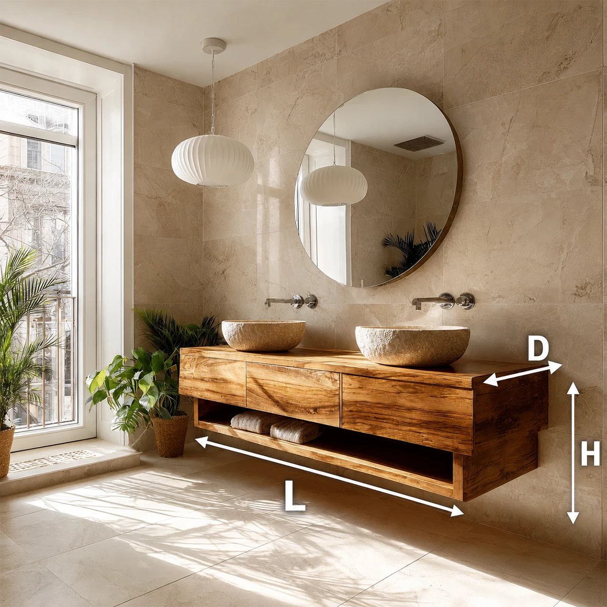 Double Sink Floating Bathroom Vanity with Open Shelf in Natural Solid Wood - Livewoodcraft - 10
