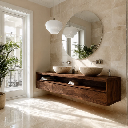 Double Sink Floating Bathroom Vanity with Open Shelf in Natural Solid Wood - Livewoodcraft - 1168 - 2