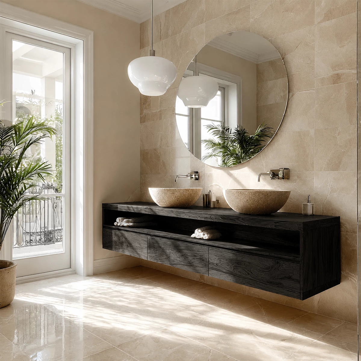 Double Sink Floating Bathroom Vanity with Open Shelf in Natural Solid Wood - Livewoodcraft - 1168 - 3