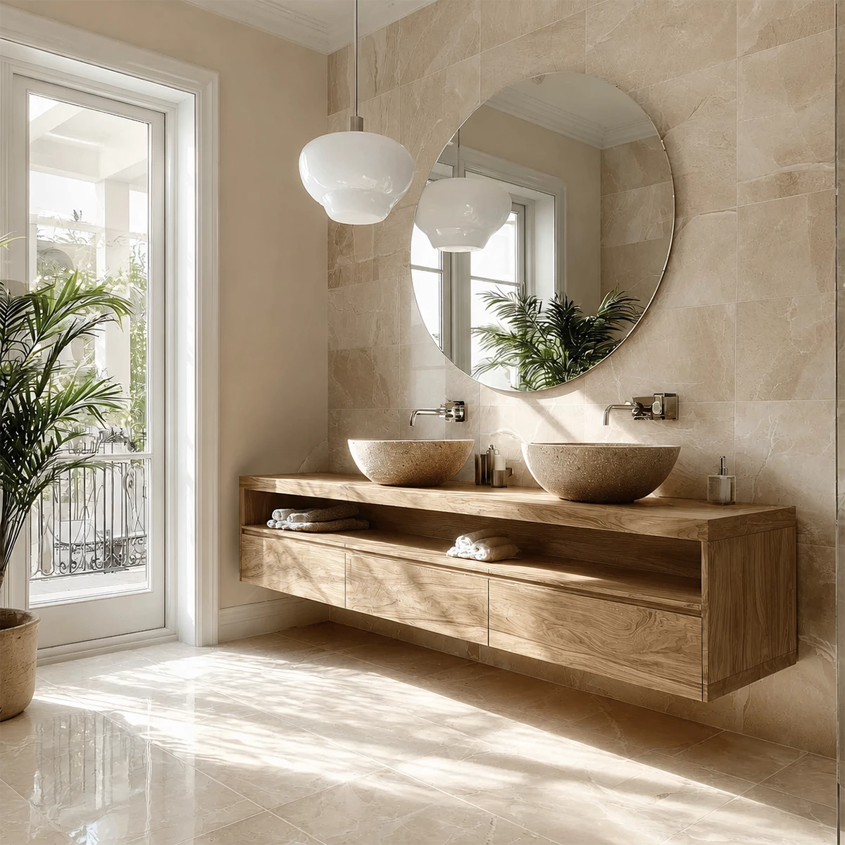 Double Sink Floating Bathroom Vanity with Open Shelf in Natural Solid Wood - Livewoodcraft - 1168 - 4