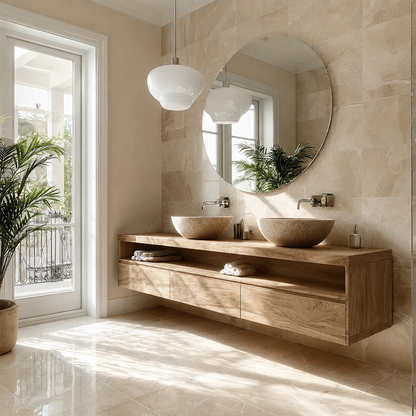 Double Sink Floating Bathroom Vanity with Open Shelf in Natural Solid Wood - Livewoodcraft - 1168 - 4
