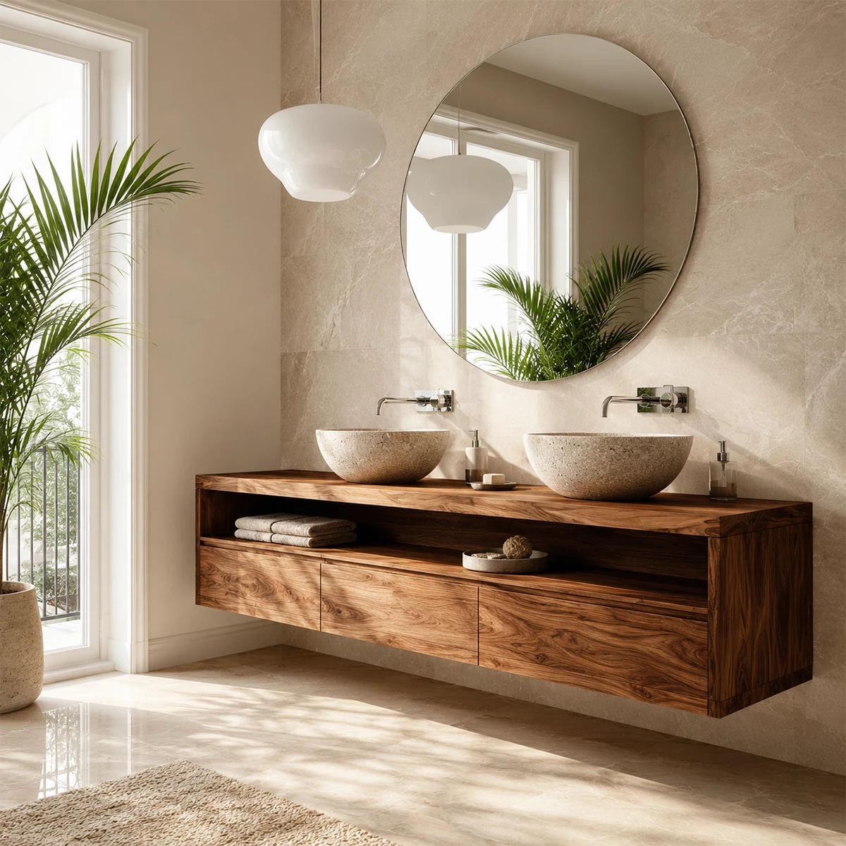 Double Sink Floating Bathroom Vanity with Open Shelf in Natural Solid Wood - Livewoodcraft - 1168 - 5
