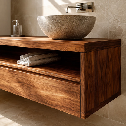 Double Sink Floating Bathroom Vanity with Open Shelf in Natural Solid Wood - Livewoodcraft - 1168 - 6