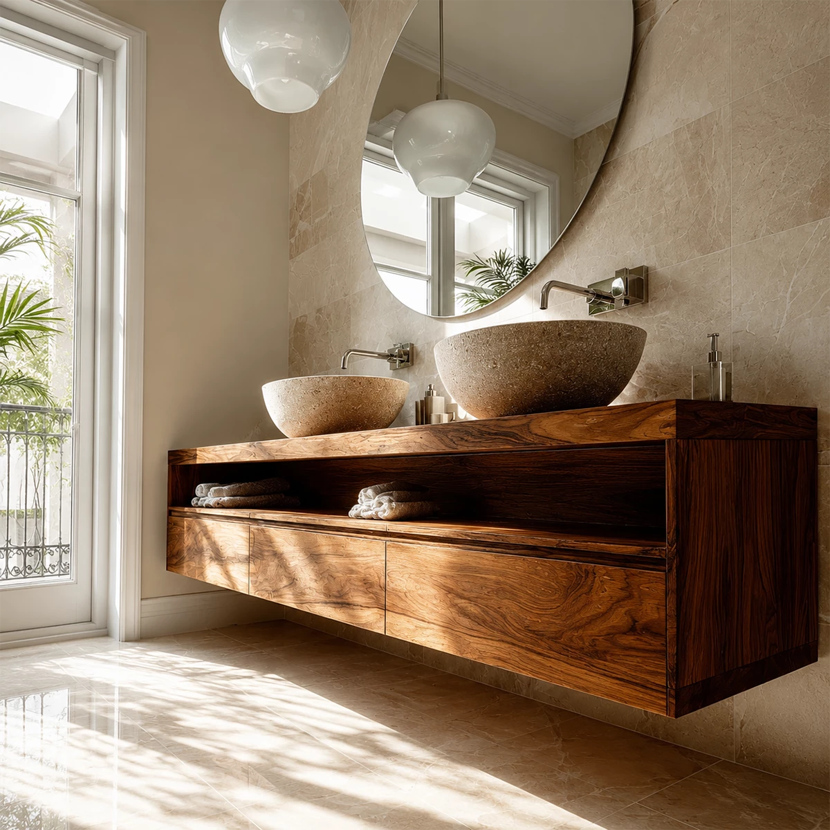 Double Sink Floating Bathroom Vanity with Open Shelf in Natural Solid Wood - Livewoodcraft - 1168 - 7