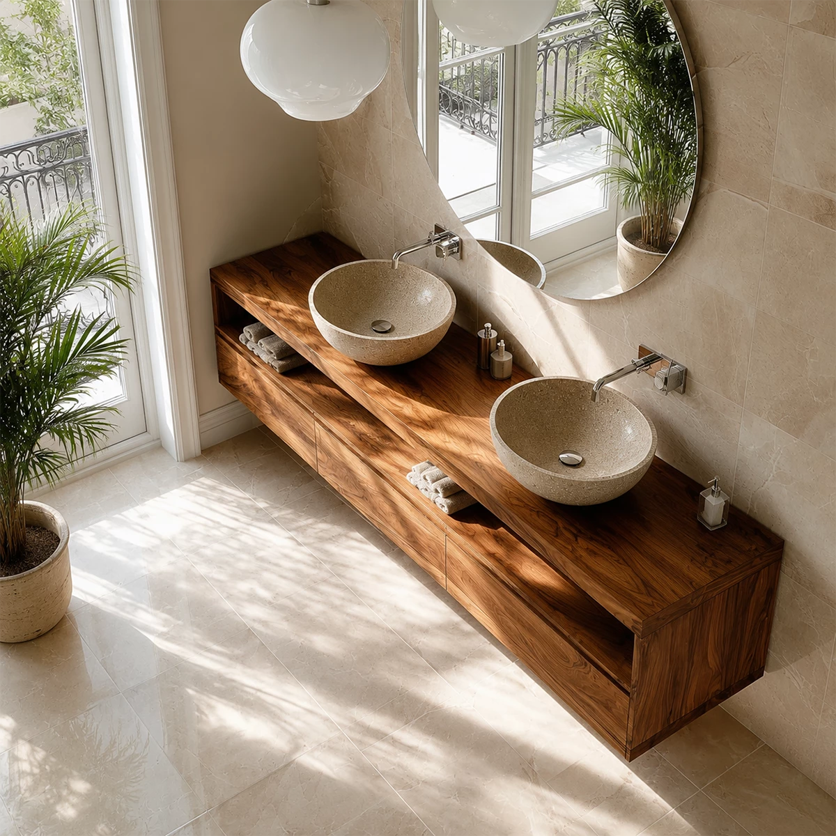 Double Sink Floating Bathroom Vanity with Open Shelf in Natural Solid Wood - Livewoodcraft - 1168 - 8