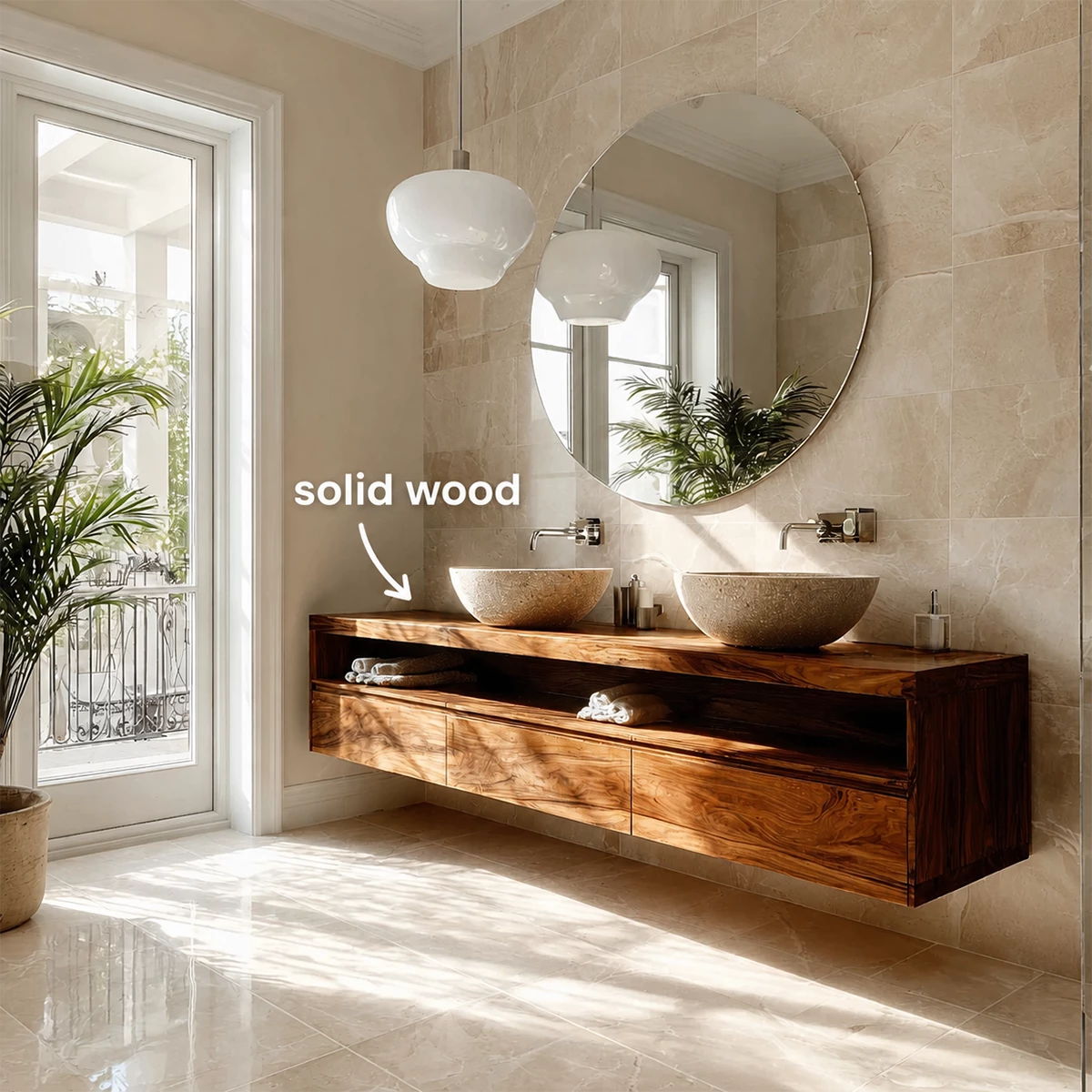 Double Sink Floating Bathroom Vanity with Open Shelf in Natural Solid Wood - Livewoodcraft - 1168 - 9