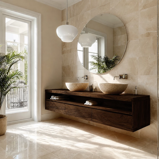 Double Sink Floating Bathroom Vanity with Open Shelf in Natural Solid Wood - Livewoodcraft - 1168
