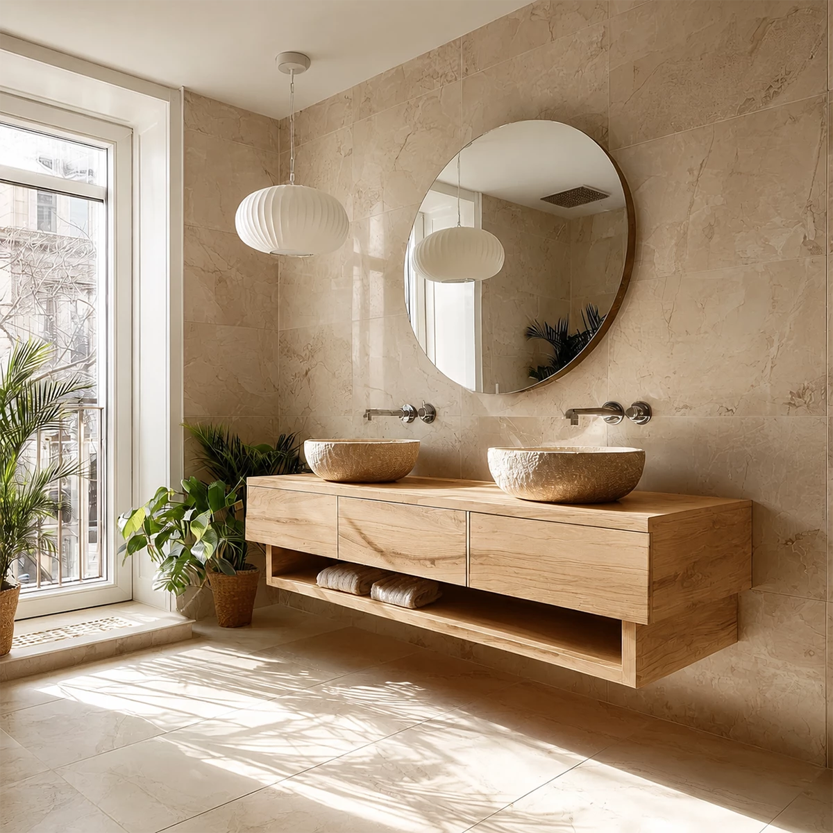 Double Sink Floating Bathroom Vanity with Open Shelf in Natural Solid Wood - Livewoodcraft - 2