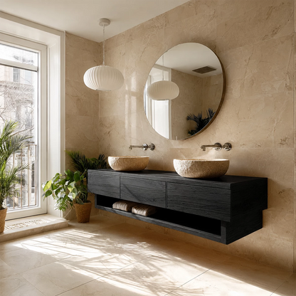 Double Sink Floating Bathroom Vanity with Open Shelf in Natural Solid Wood - Livewoodcraft - 3