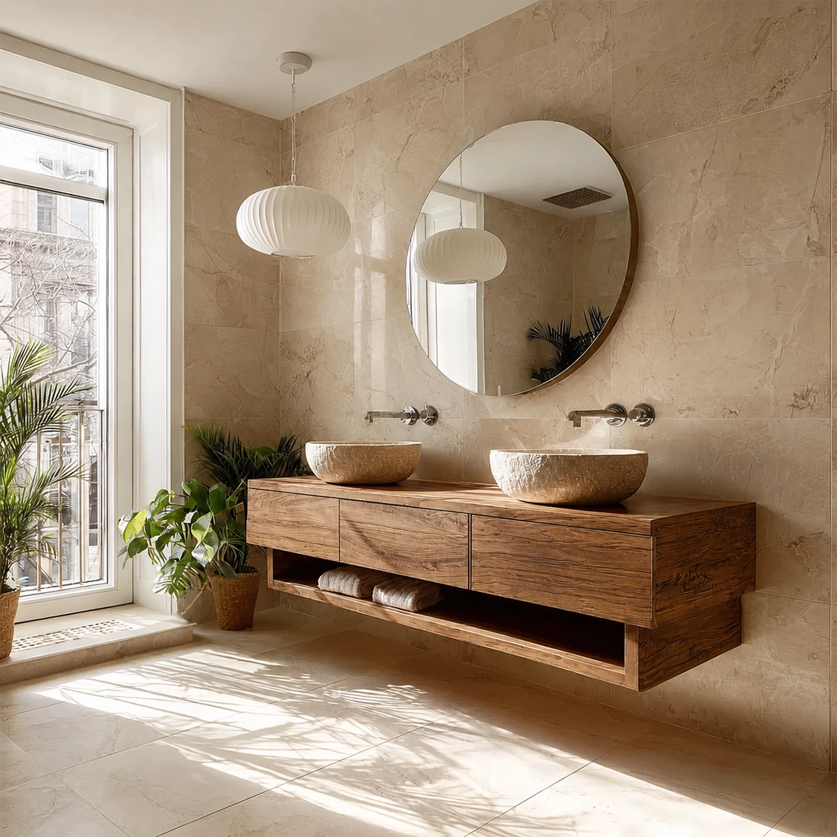 Double Sink Floating Bathroom Vanity with Open Shelf in Natural Solid Wood - Livewoodcraft - 4