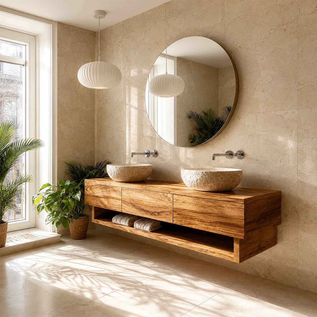 Double Sink Floating Bathroom Vanity with Open Shelf in Natural Solid Wood - Livewoodcraft - 5