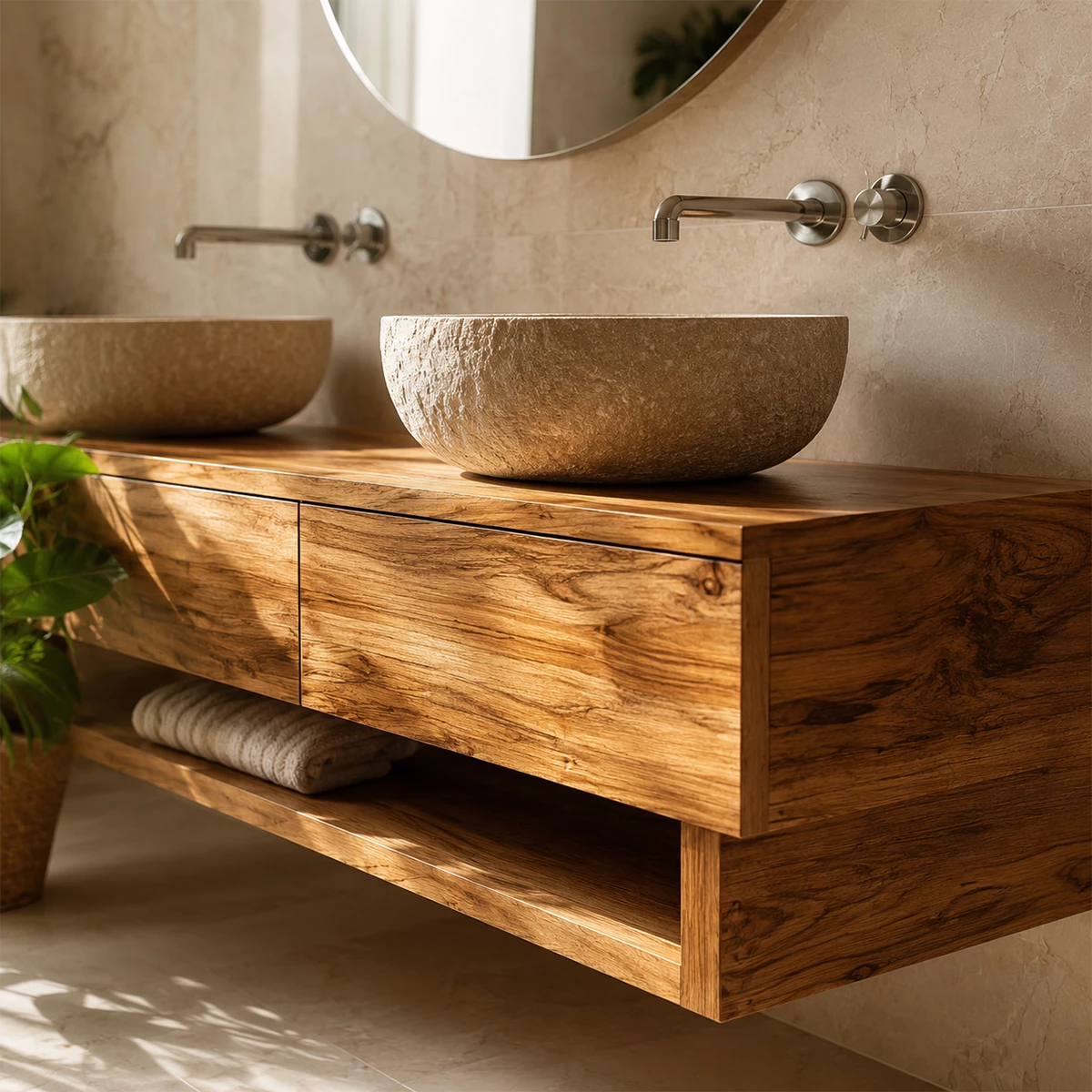 Double Sink Floating Bathroom Vanity with Open Shelf in Natural Solid Wood - Livewoodcraft - 6