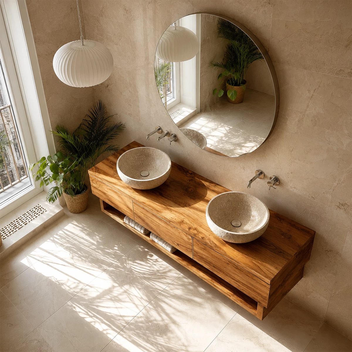 Double Sink Floating Bathroom Vanity with Open Shelf in Natural Solid Wood - Livewoodcraft - 7