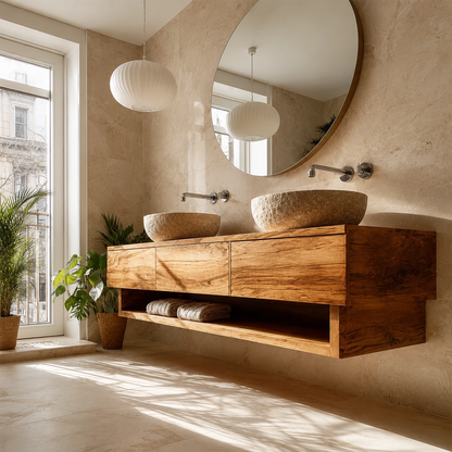 Double Sink Floating Bathroom Vanity with Open Shelf in Natural Solid Wood - Livewoodcraft - 8