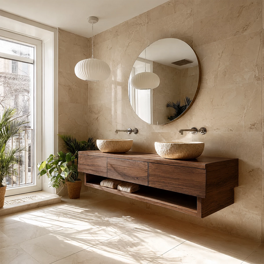 Double Sink Floating Bathroom Vanity with Open Shelf in Natural Solid Wood - Livewoodcraft