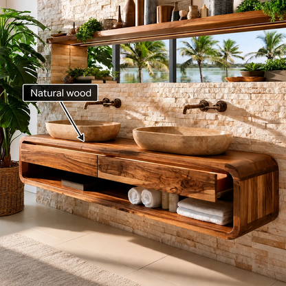 Double Sink Floating Bathroom Vanity With Rounded Wood Frame & Open Storage - Livewoodcraft - 10
