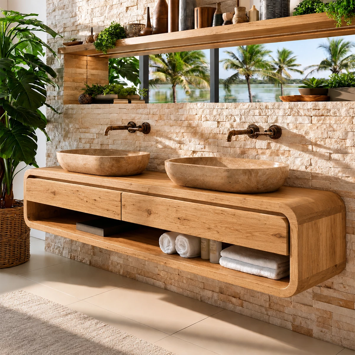 Double Sink Floating Bathroom Vanity With Rounded Wood Frame & Open Storage - Livewoodcraft - 2