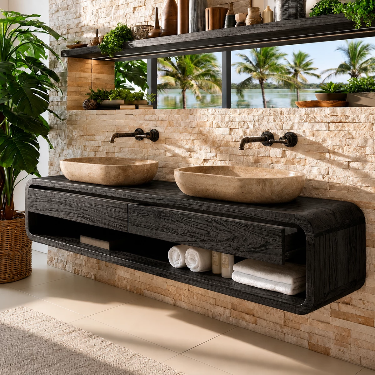 Double Sink Floating Bathroom Vanity With Rounded Wood Frame & Open Storage - Livewoodcraft - 3