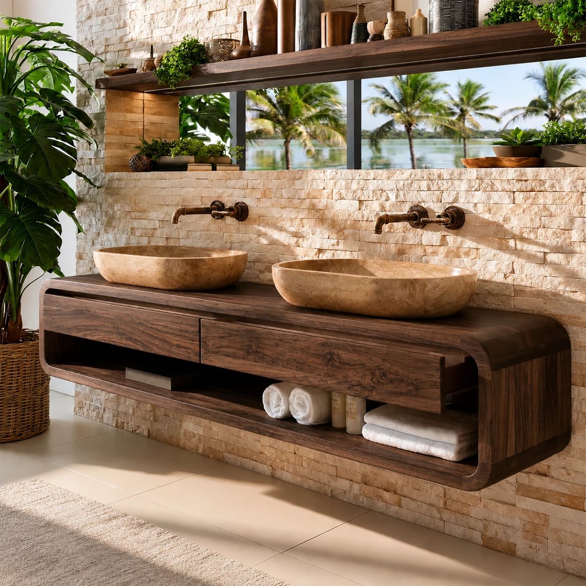 Double Sink Floating Bathroom Vanity With Rounded Wood Frame & Open Storage - Livewoodcraft - 4