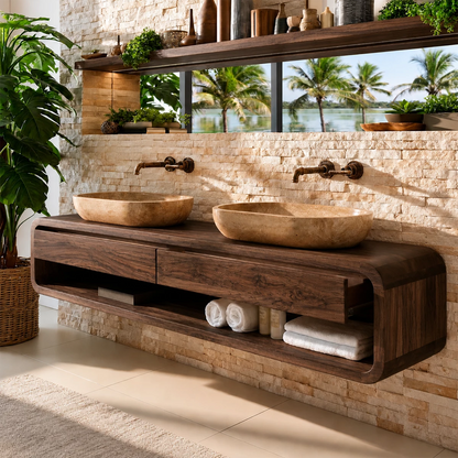 Double Sink Floating Bathroom Vanity With Rounded Wood Frame & Open Storage - Livewoodcraft - 4