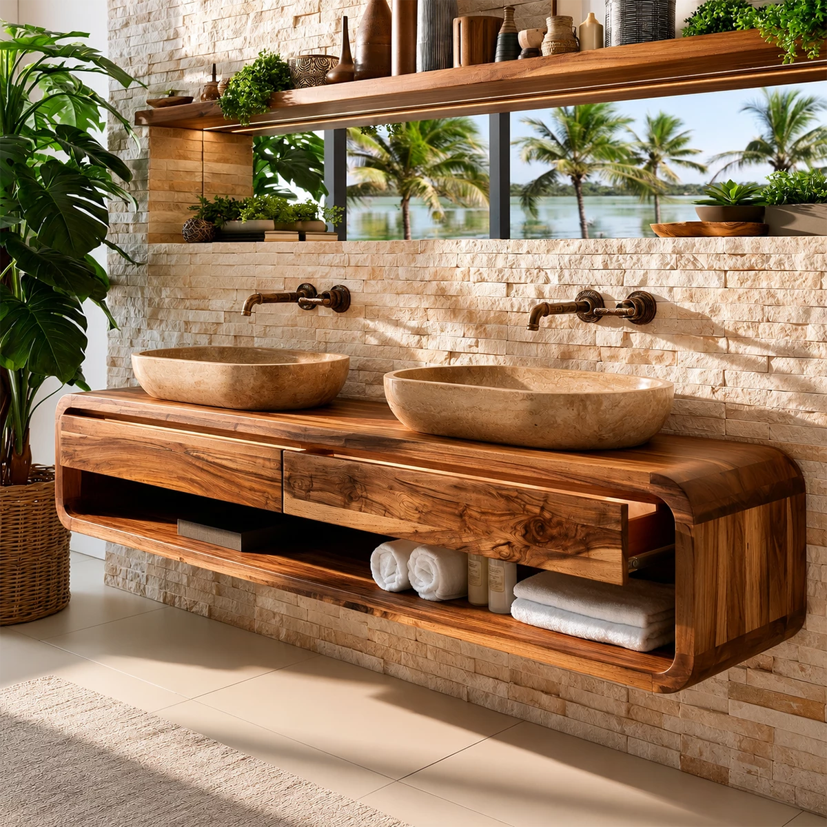 Double Sink Floating Bathroom Vanity With Rounded Wood Frame & Open Storage - Livewoodcraft - 5