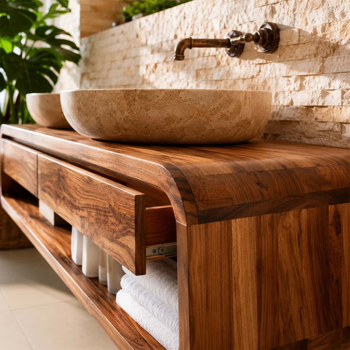 Double Sink Floating Bathroom Vanity With Rounded Wood Frame & Open Storage - Livewoodcraft - 6
