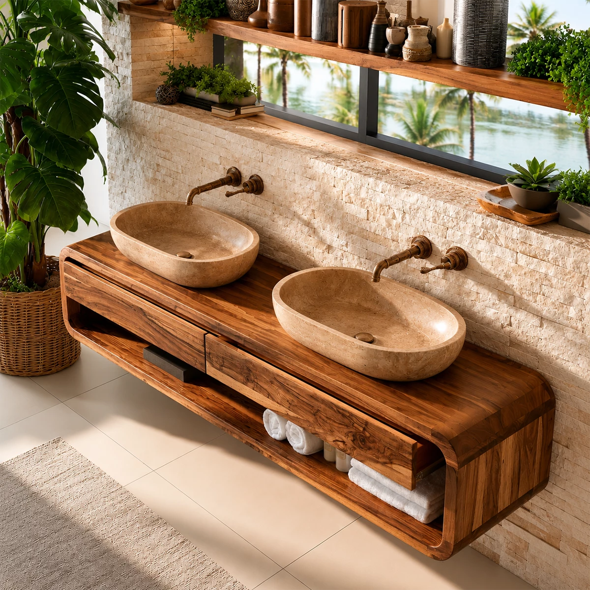 Double Sink Floating Bathroom Vanity With Rounded Wood Frame & Open Storage - Livewoodcraft - 7