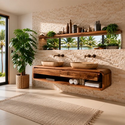 Double Sink Floating Bathroom Vanity With Rounded Wood Frame & Open Storage - Livewoodcraft - 8