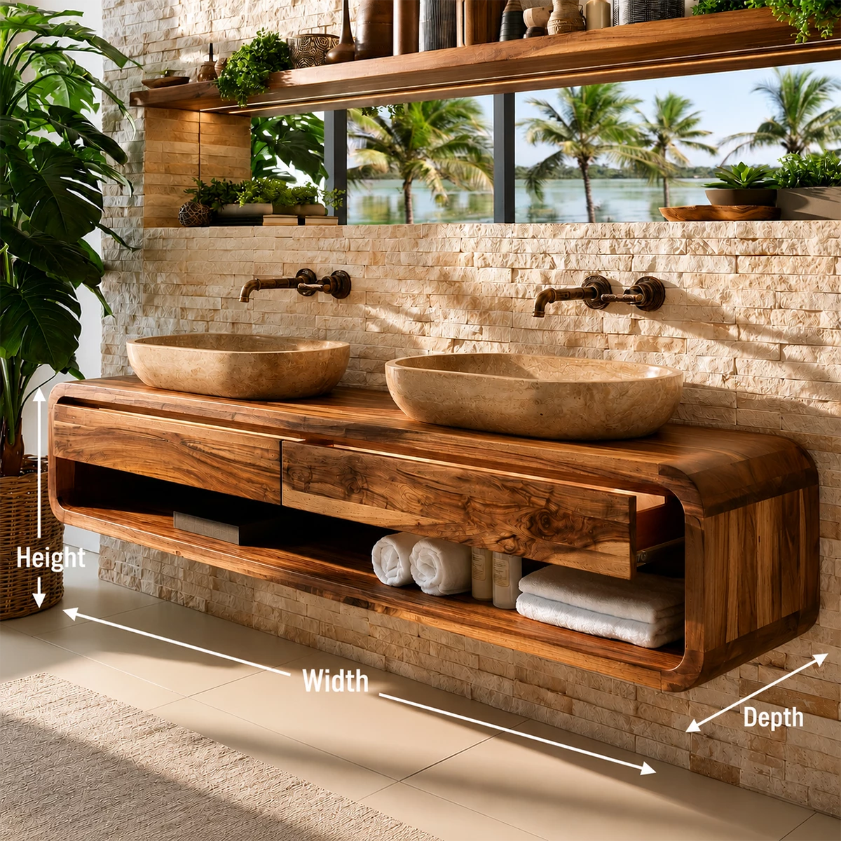 Double Sink Floating Bathroom Vanity With Rounded Wood Frame & Open Storage - Livewoodcraft - 9