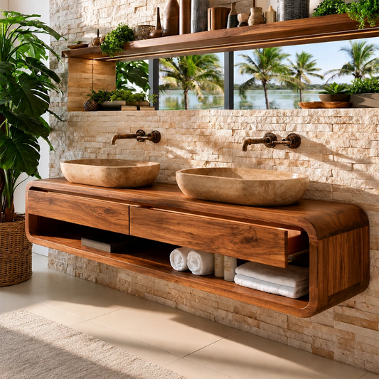 Double Sink Floating Bathroom Vanity With Rounded Wood Frame & Open Storage - Livewoodcraft