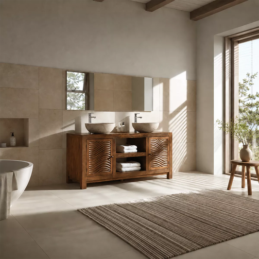 Double Sink Solid Wood Bathroom Vanity With Carved Wave Doors And Open Shelf Storage - Livewoodcraft
