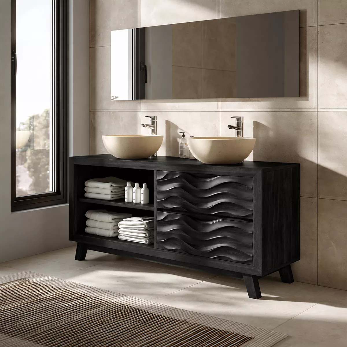 Double Sink Solid Wood Bathroom Vanity With Open Shelf And Carved Wave Drawer Storage - Livewoodcraft - 2