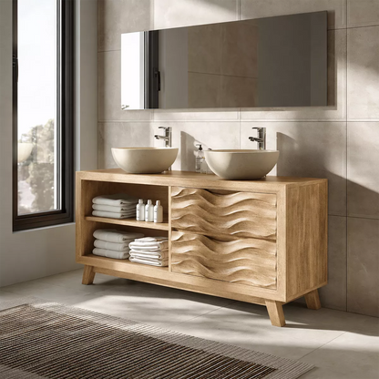 Double Sink Solid Wood Bathroom Vanity With Open Shelf And Carved Wave Drawer Storage - Livewoodcraft - 3