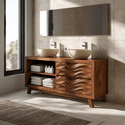 Double Sink Solid Wood Bathroom Vanity With Open Shelf And Carved Wave Drawer Storage - Livewoodcraft - 4