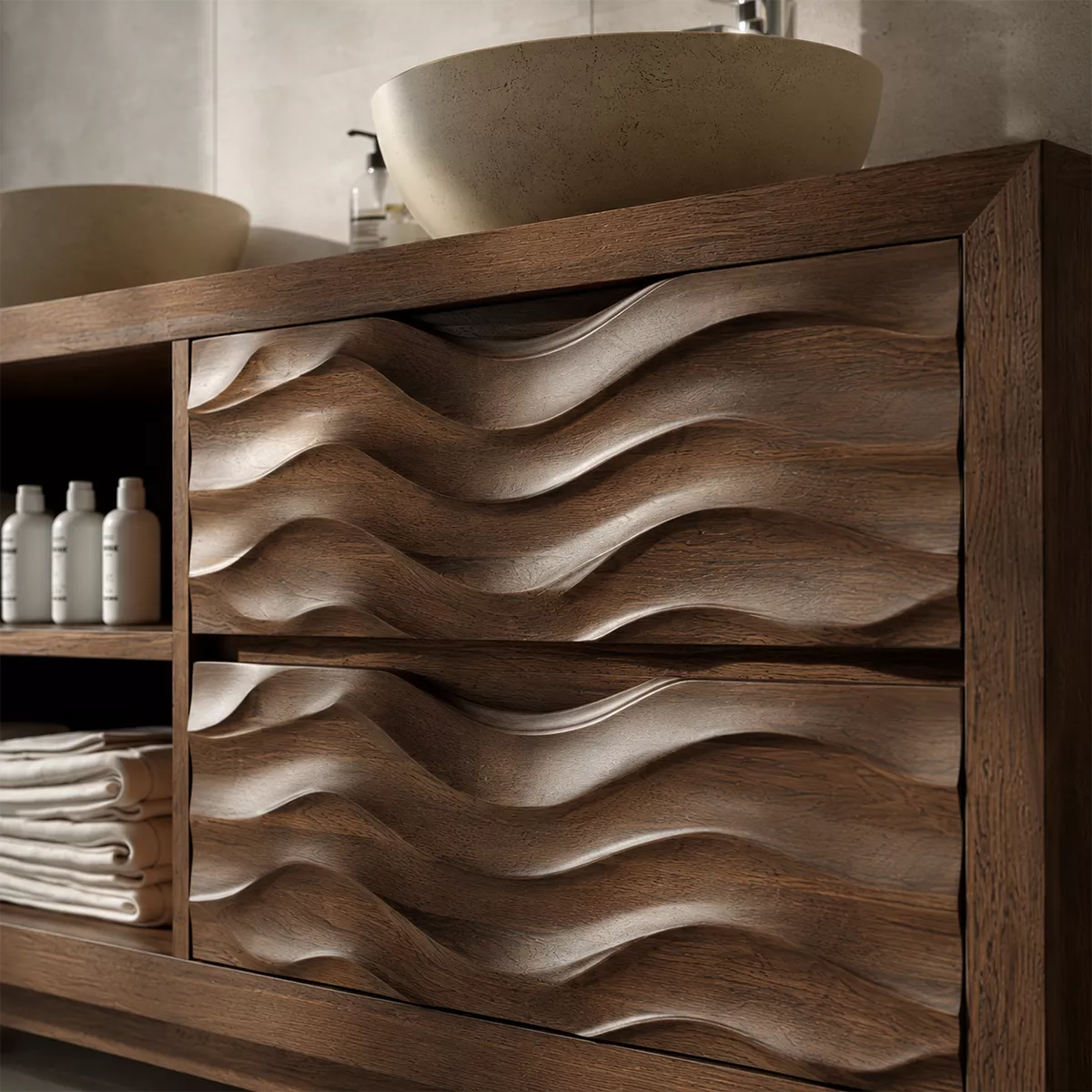 Double Sink Solid Wood Bathroom Vanity With Open Shelf And Carved Wave Drawer Storage - Livewoodcraft - 5
