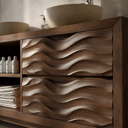 Double Sink Solid Wood Bathroom Vanity With Open Shelf And Carved Wave Drawer Storage - Livewoodcraft - 5