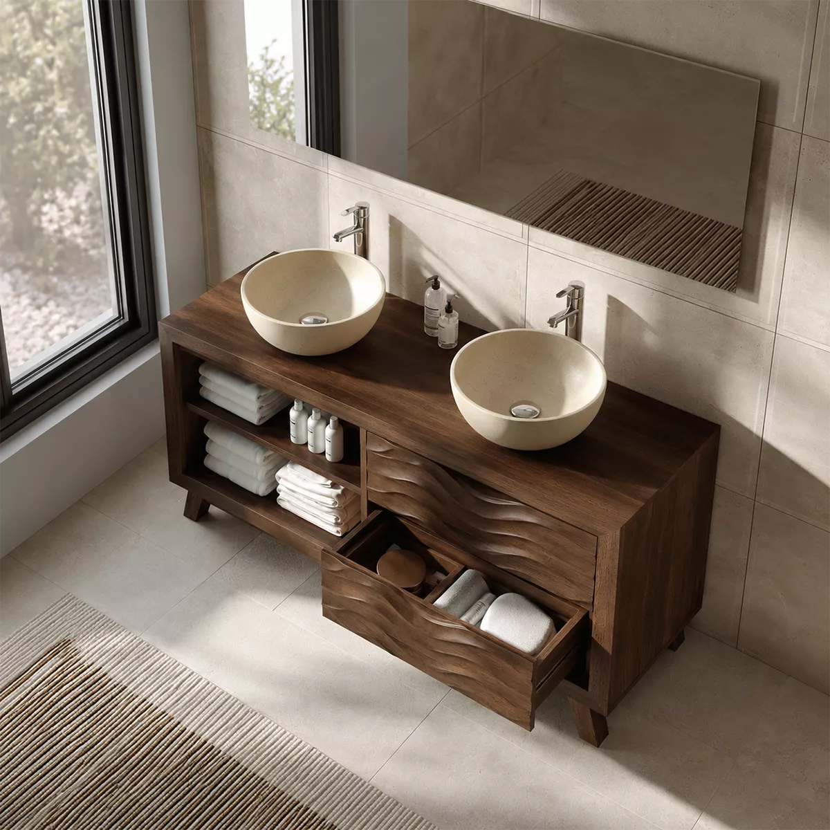 Double Sink Solid Wood Bathroom Vanity With Open Shelf And Carved Wave Drawer Storage - Livewoodcraft - 6